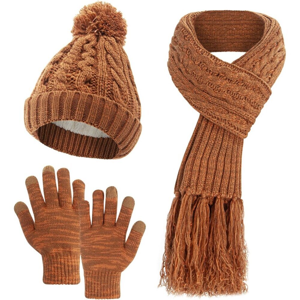 Womens Knit Beanie Hat Scarf Gloves Set Winter Warm Accessories For Cold Weather